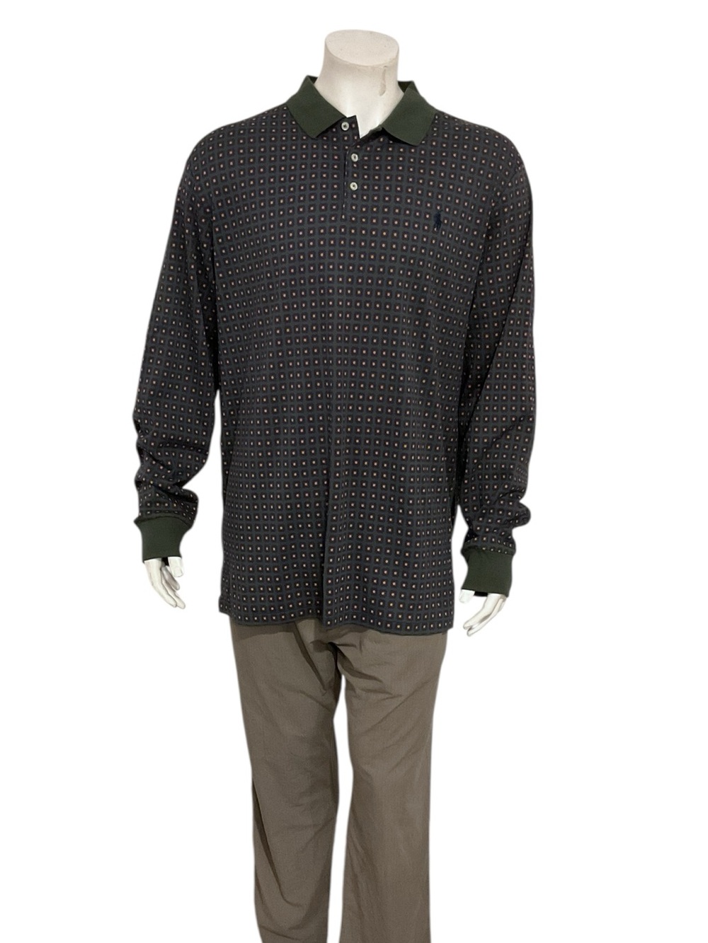 Ralph Lauren Dark Green & Black Long-Sleeve Polo Shirt with Micro Square Print